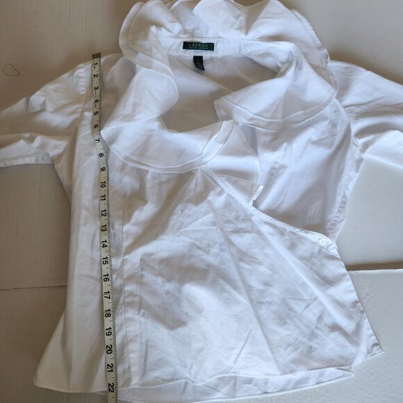 Lauren Ralph Lauren Women's Large White Ruffle Deep V Neck Long Sleeve Wrap Top - Picture 12 of 14